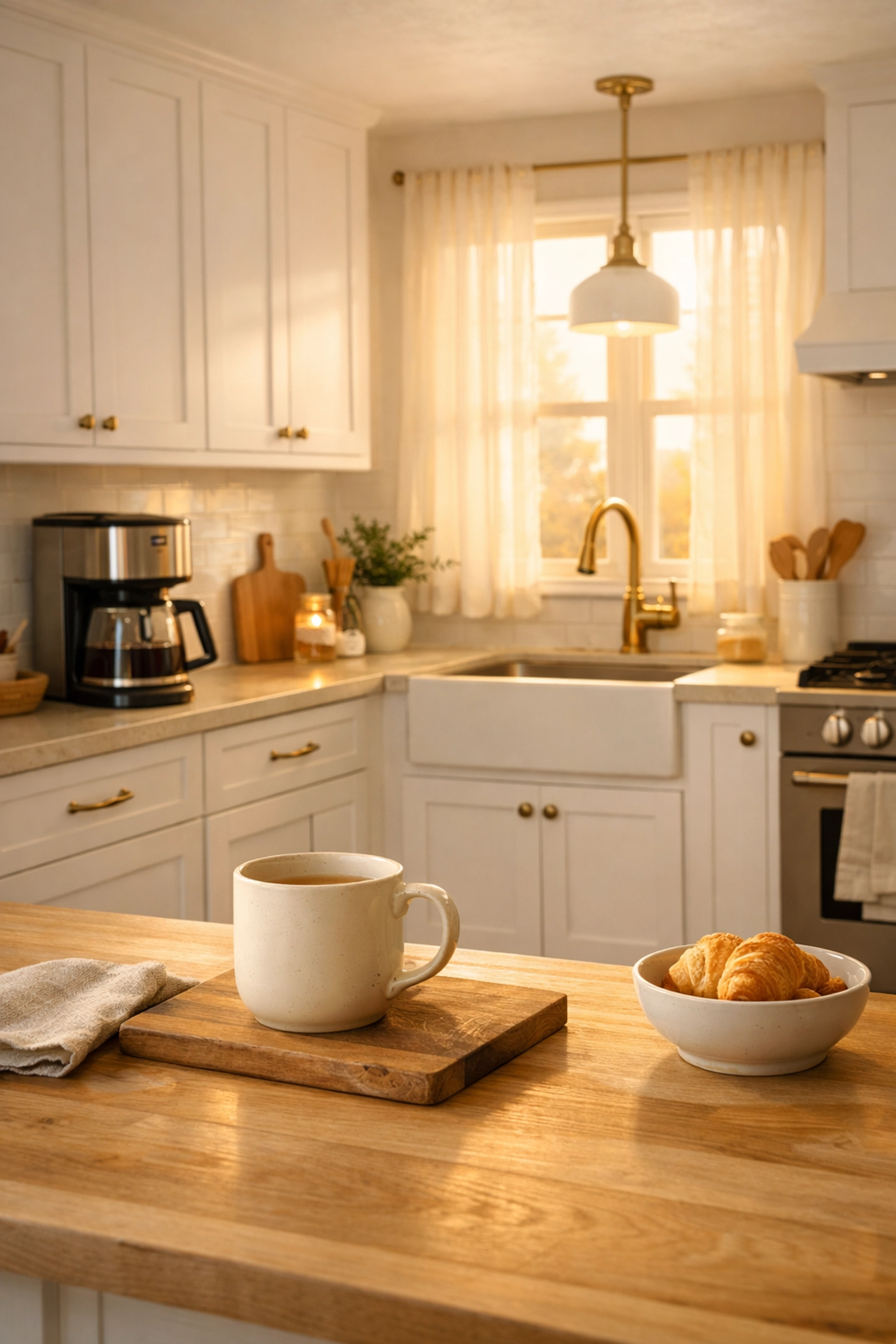 Peaceful morning kitchen scene with white painted cabinets and coffee maker at dawn