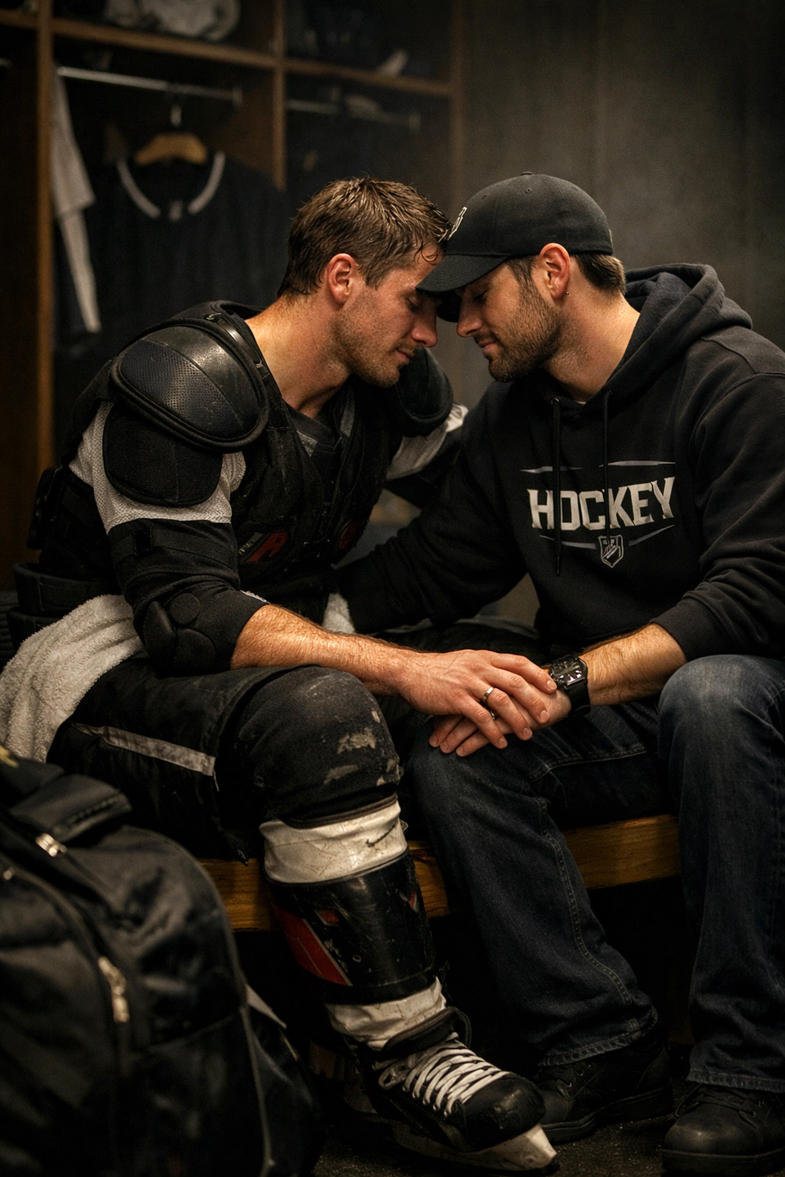 Two men share an intimate moment on a locker room bench, illustrating popular tropes in MM hockey romance books.