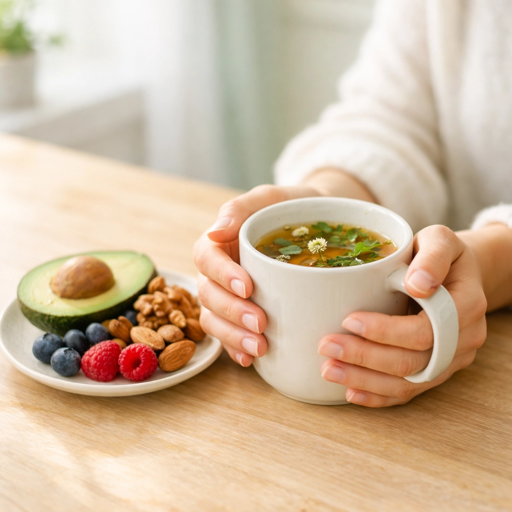 Nourishing foods and herbal tea supporting hormone balance in perimenopause Nourishing foods and herbal tea supporting hormone balance in perimenopause