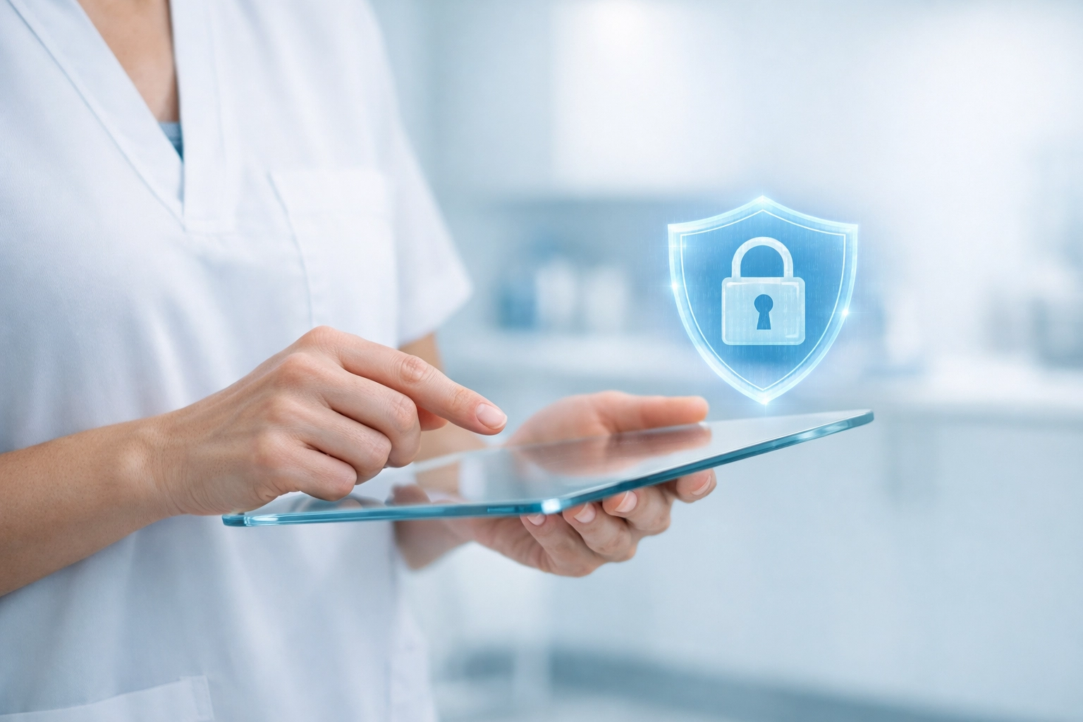 Secure HIPAA-compliant marketing data on a tablet held by a wellness practitioner in a modern clinic.