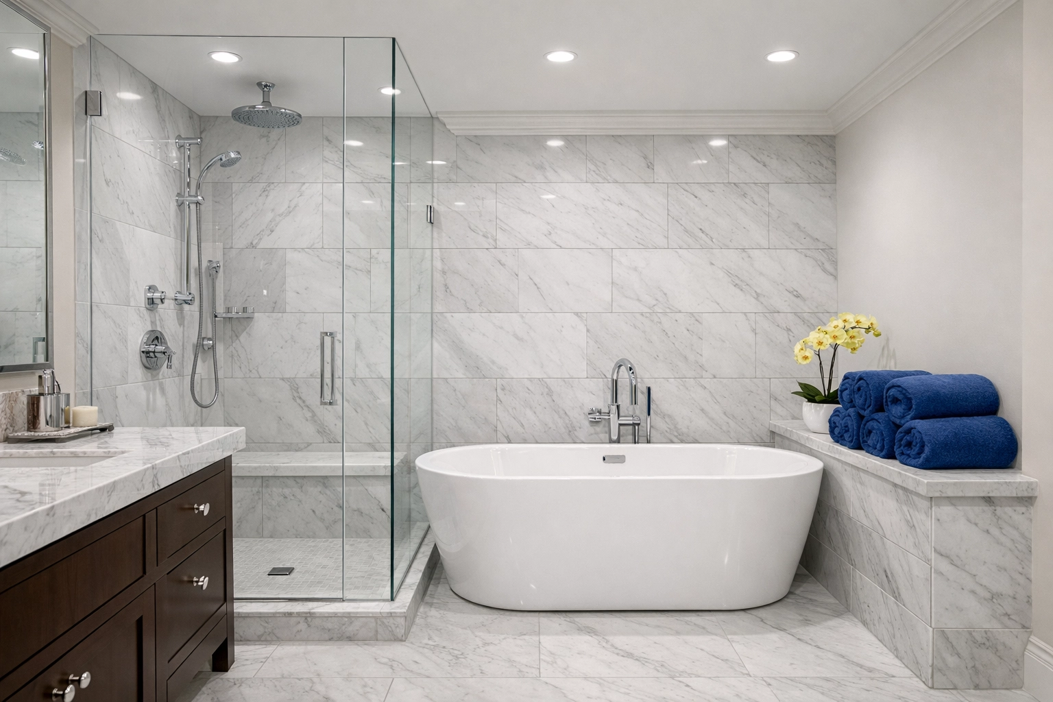 Deep-cleaned luxury bathroom featuring immaculate surfaces by a residential cleaning Massachusetts expert team.