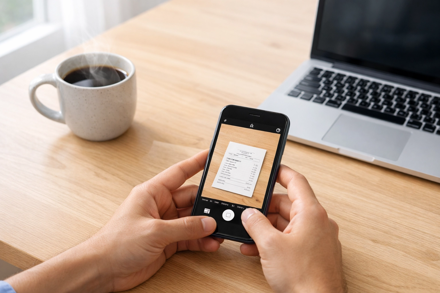 Small business owner using a smartphone to scan a receipt for automated bookkeeping technology.