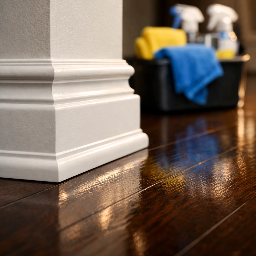 Immaculate white baseboards and wood floors showing the results of deep cleaning Marlborough.