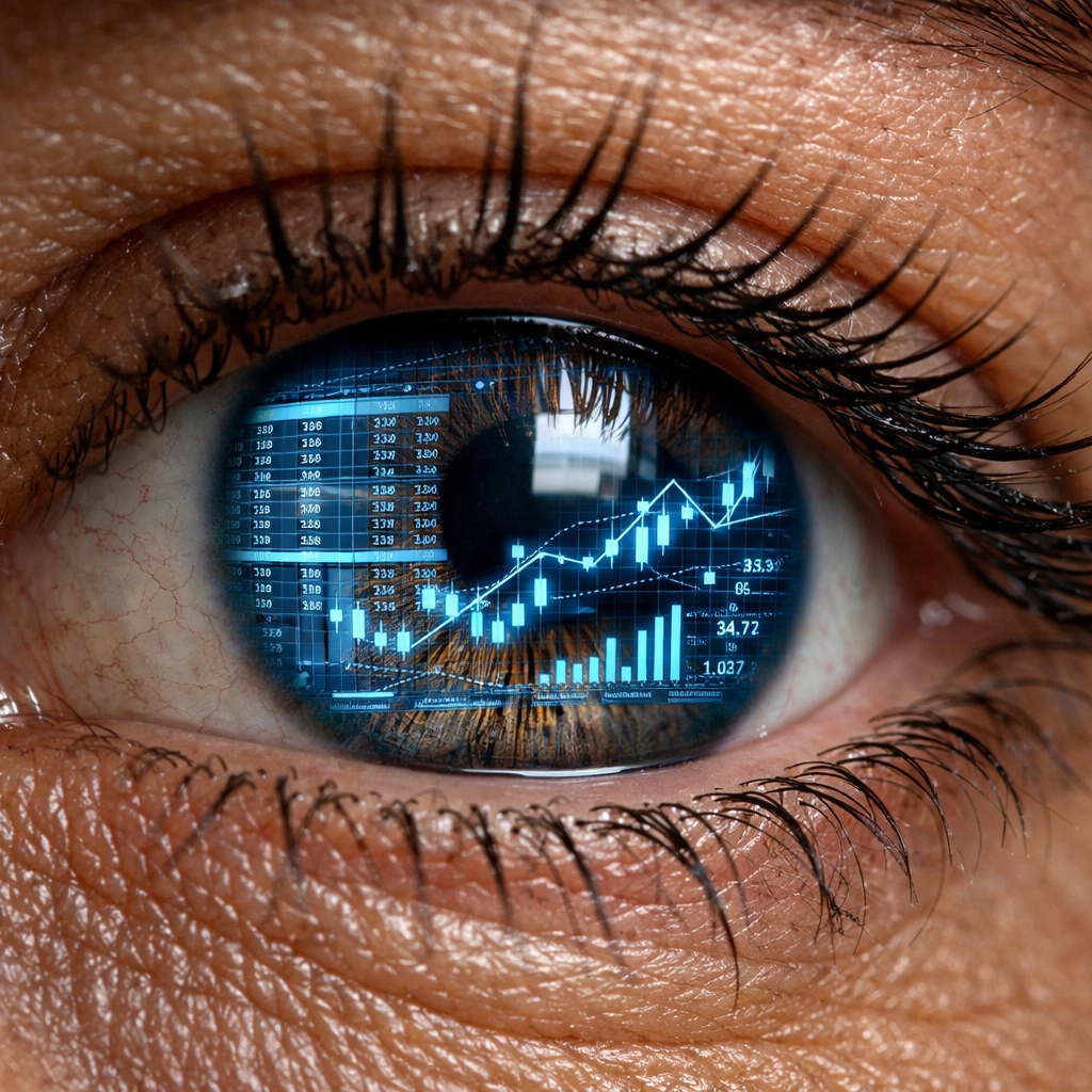 Close-up of a human eye reflecting digital financial data and consumer spending algorithms.