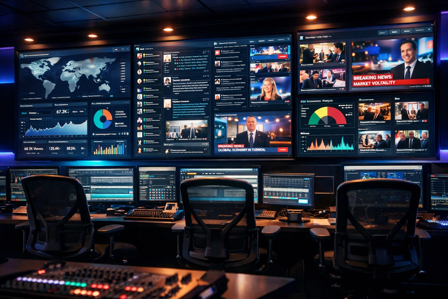 Media monitoring control room displaying press release analytics and performance metrics across multiple screens