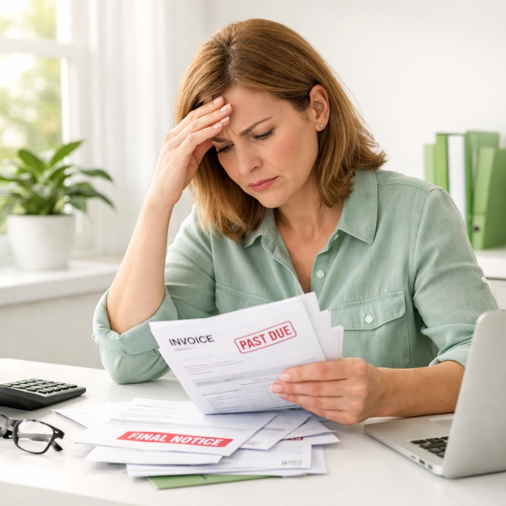 Small business owner stressed over unpaid invoices and late payments affecting cash flow