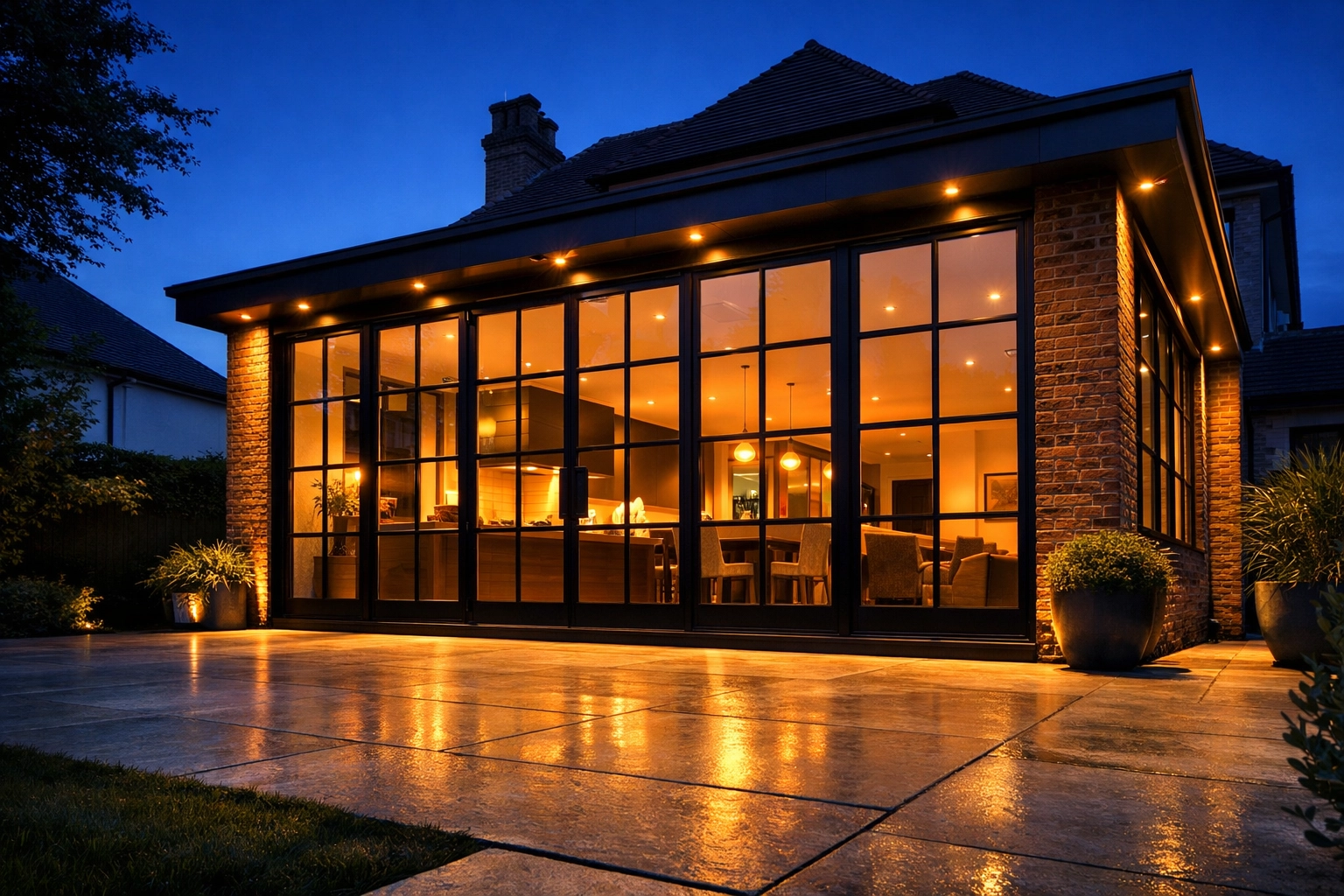 Modern glass home extension and patio showing professional building regulation compliance and quality finish.