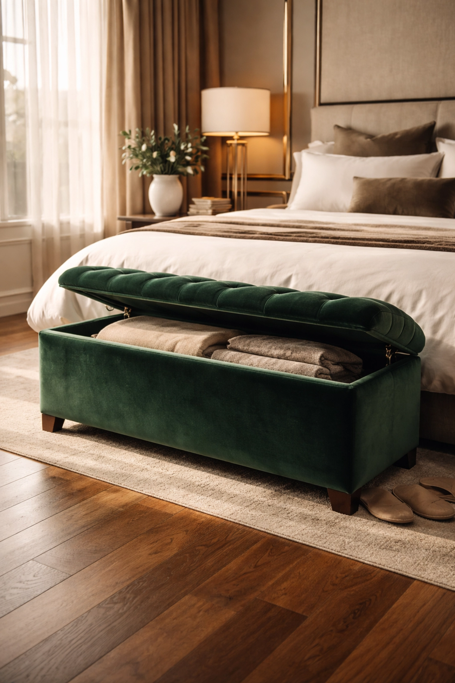 Luxurious boutique hotel suite with an emerald green velvet storage ottoman at the foot of a king bed, optimizing space and style.