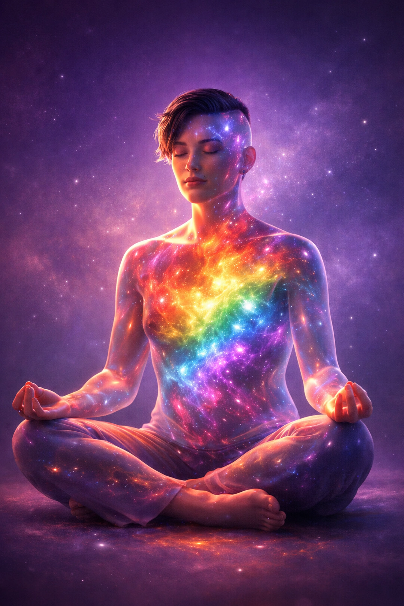 Non-binary person meditating with a glowing rainbow nebula, representing queer spirituality and the soul.