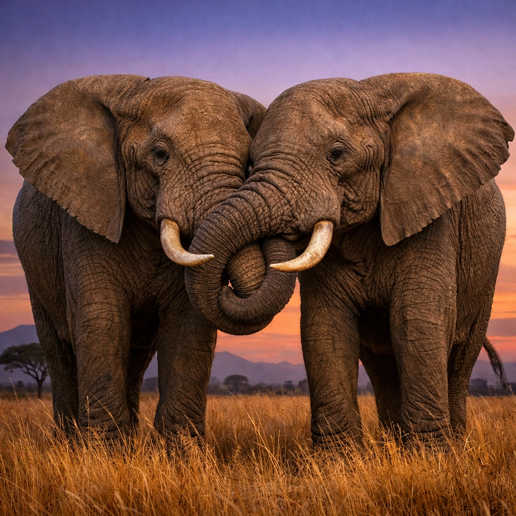 Two male African elephants intertwining trunks, reflecting gay love stories and bonding in the animal kingdom.