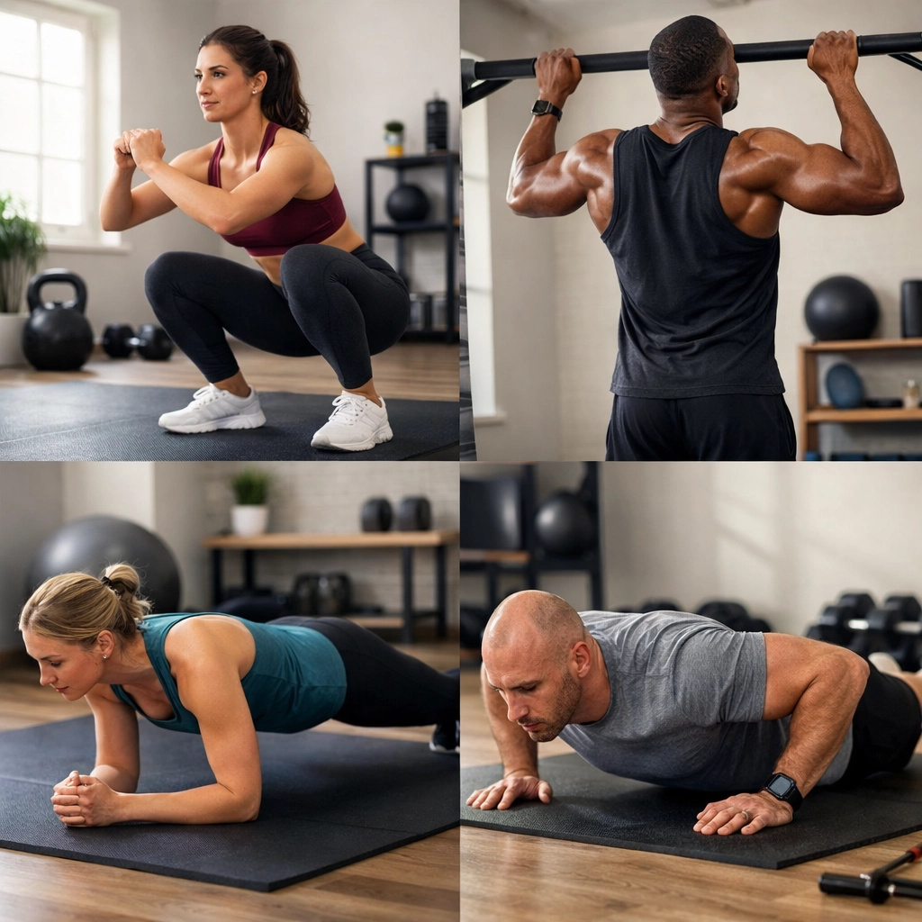 Four foundational bodyweight exercises: squats, pull-ups, planks, and push-ups at home gym