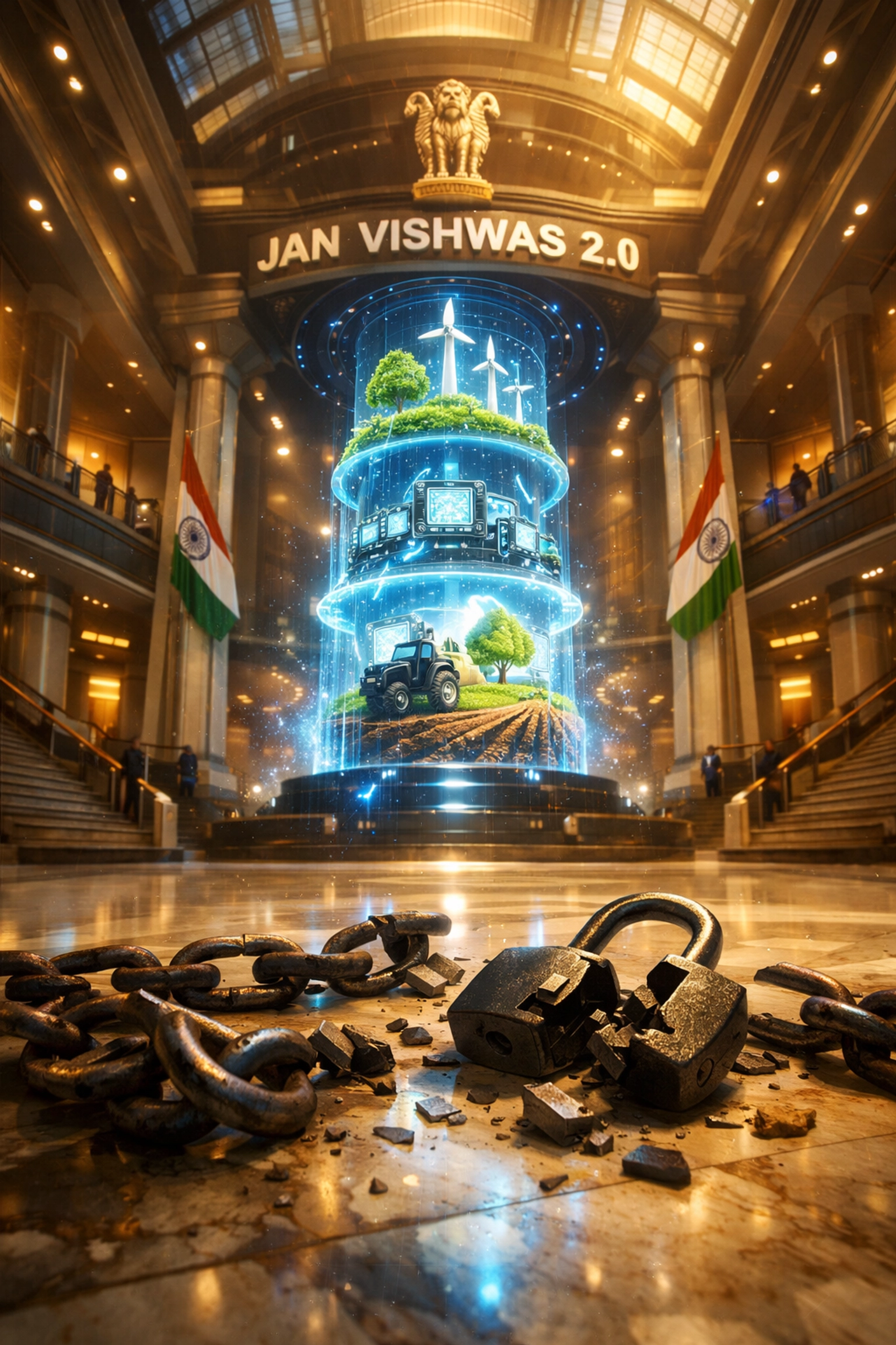 Broken chains symbolizing Jan Vishwas 2.0 decriminalization of business compliance in India.