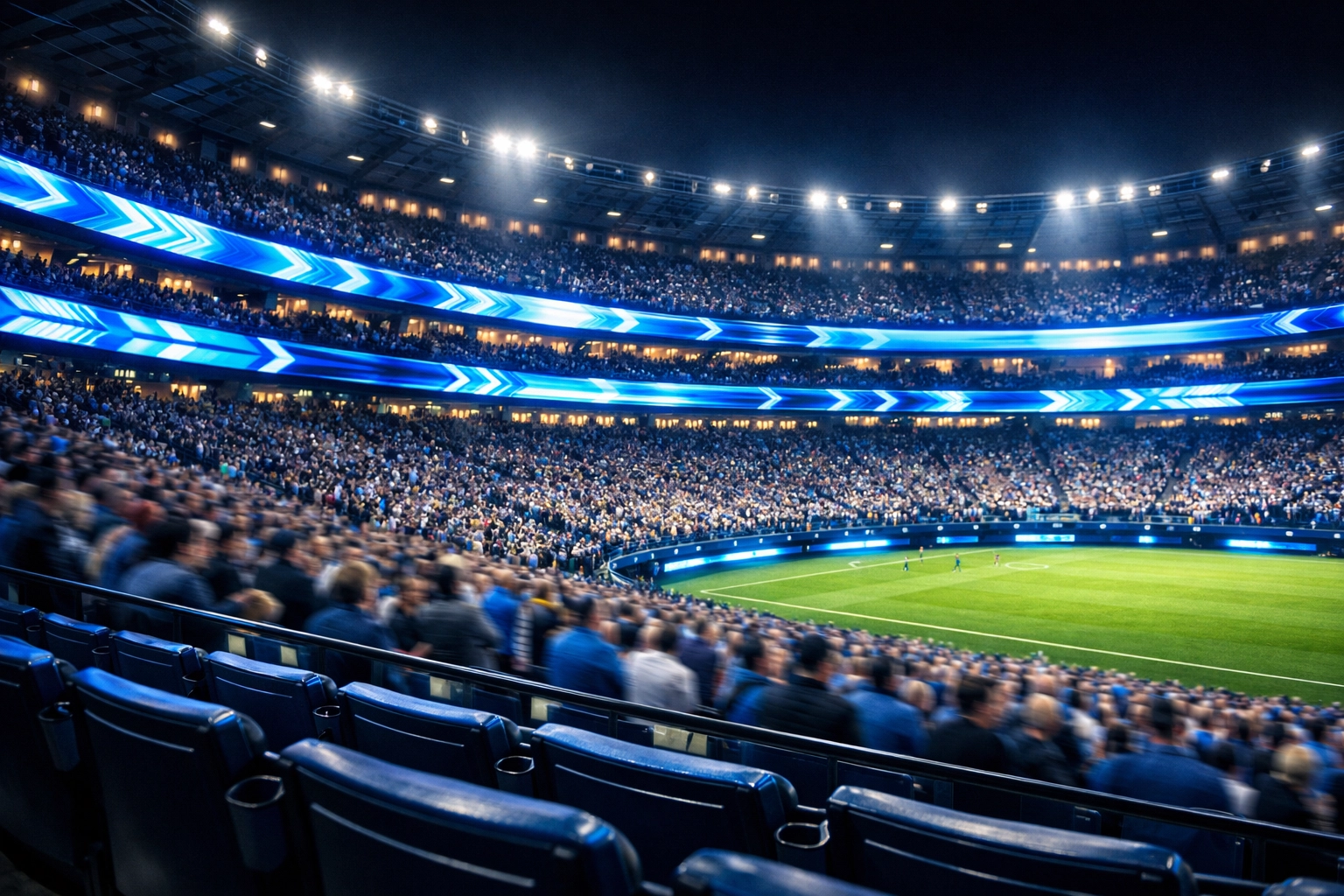 Modern sports stadium with integrated digital LED signage for brand storytelling and fan engagement.