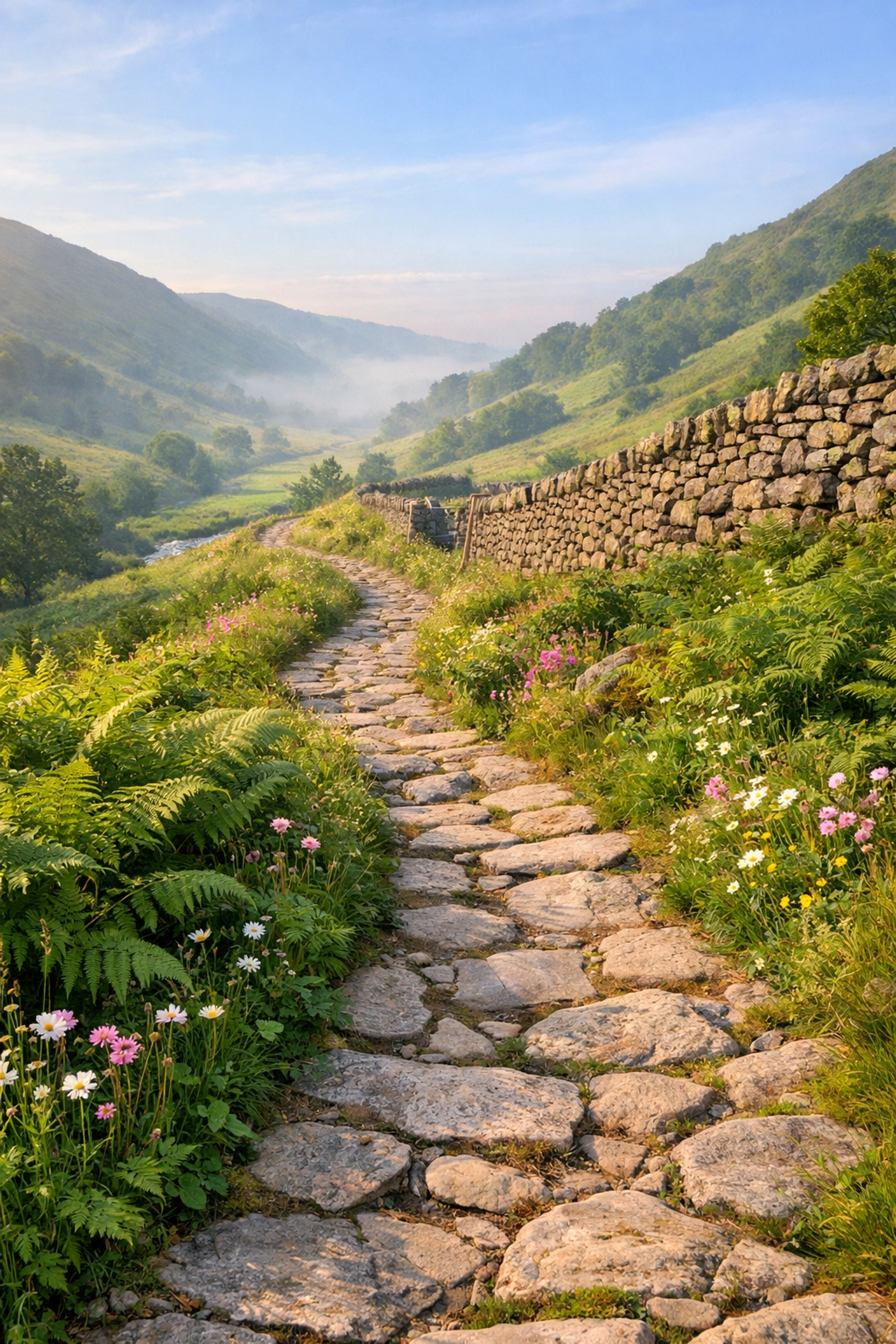 Lush green valley with an ancient stone path and dry-stone wall on a spring morning in the Lake District.