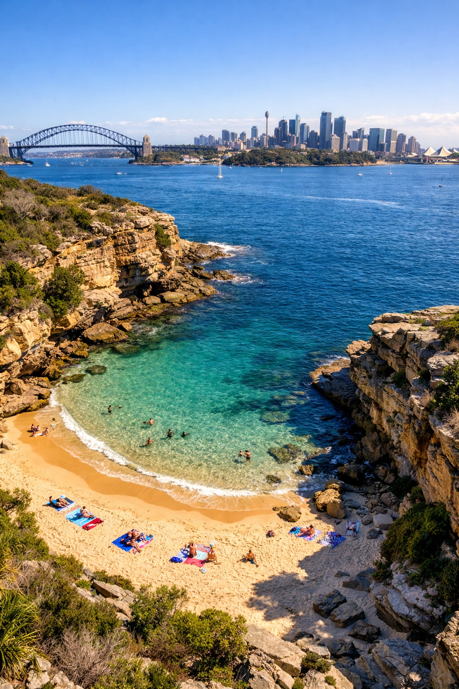 Aerial view of Lady Bay nude beach Sydney with harbour bridge and turquoise water