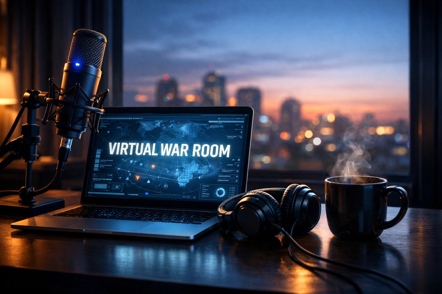 Music marketing virtual war room setup with a laptop and studio gear for remote brand strategy.