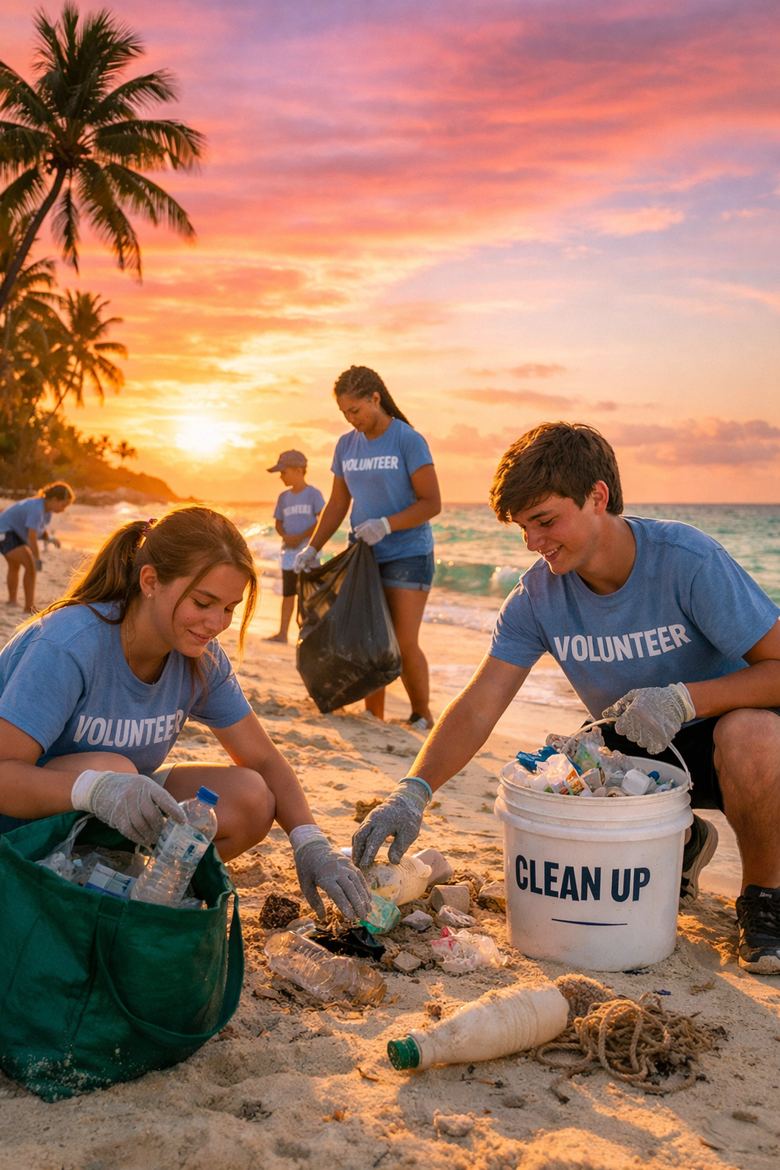 High school students participating in beach cleanup service project in Florida Keys