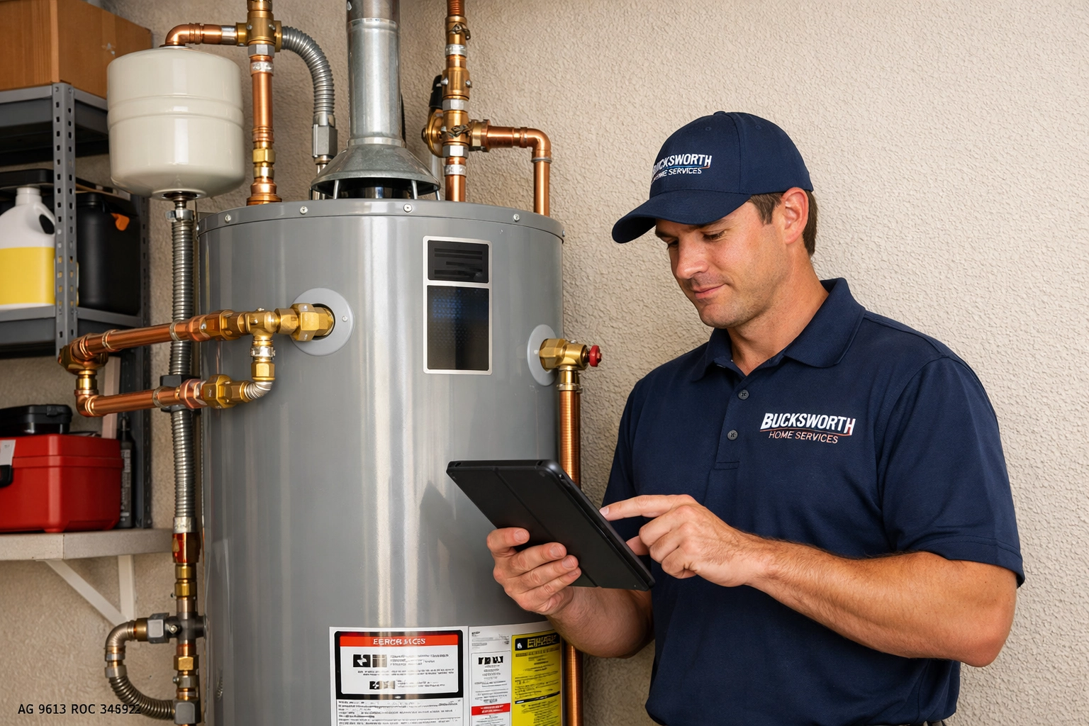 Professional water heater installation in Tempe AZ by Bucksworth Home Services technician in a residential garage.