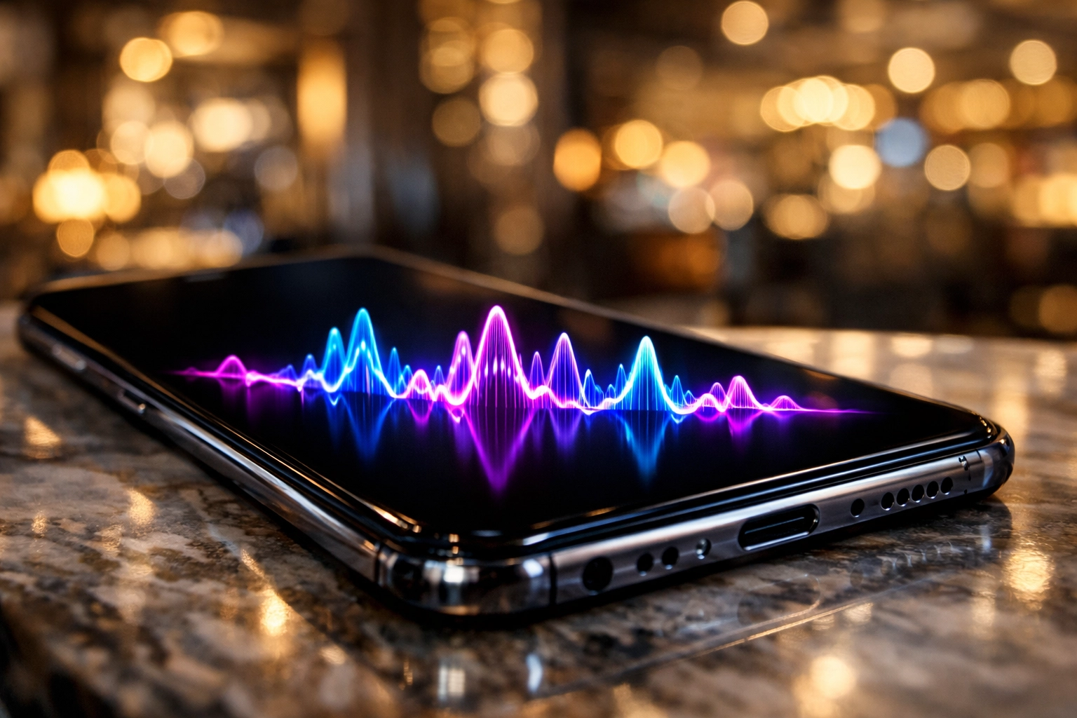A sleek smartphone displaying a colorful sound wave, representing a branded AI voice assistant for business.