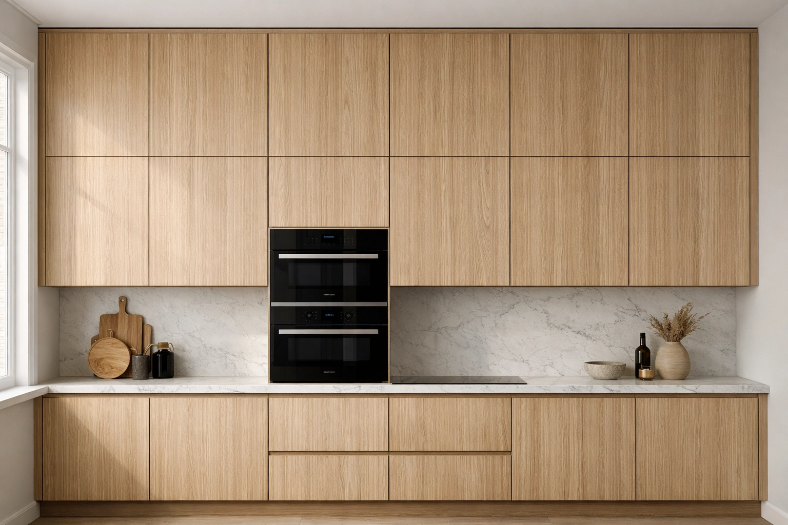 Modern white oak fitted kitchen cabinets with marble countertops for a kitchen remodel in Bay Village.