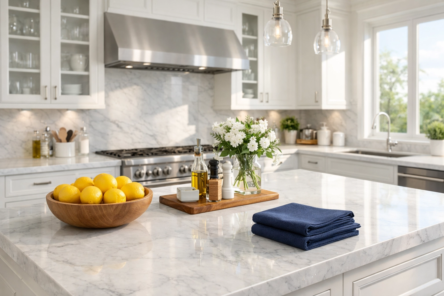 Pristine kitchen with sparkling marble island and white cabinets after a professional house cleaning Lowell MA.
