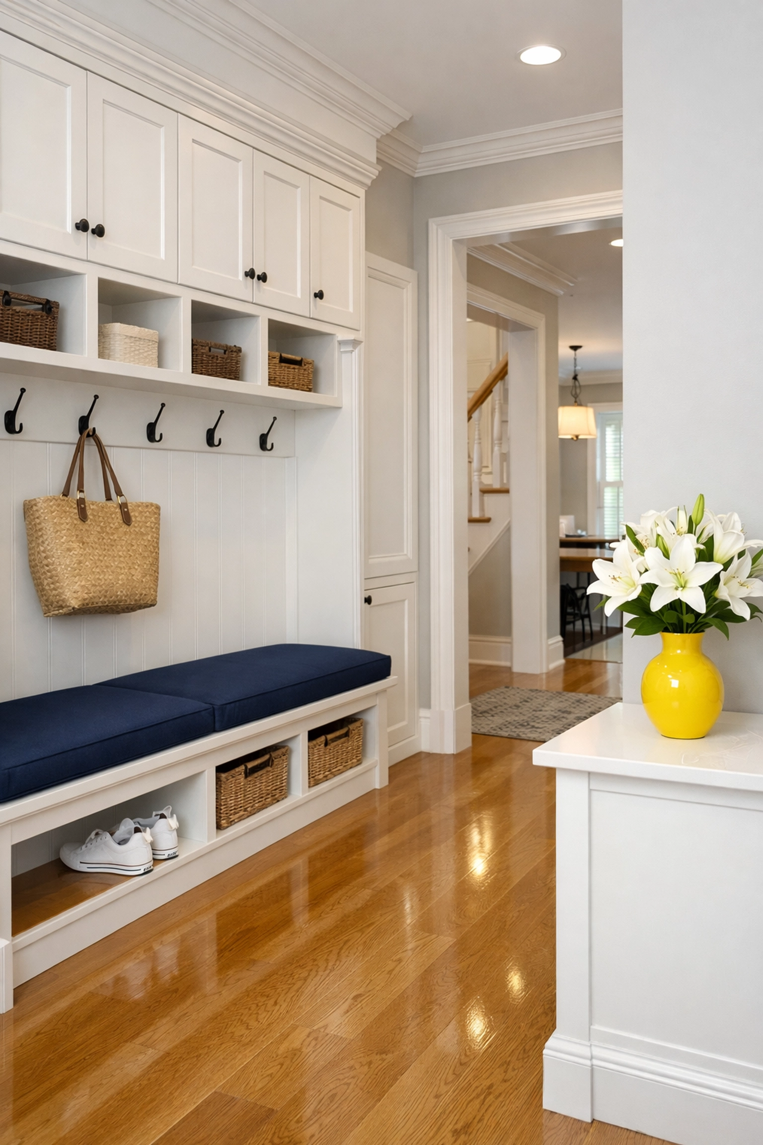 An organized and polished luxury mudroom cleaned by a reliable house cleaning service in Wellesley.