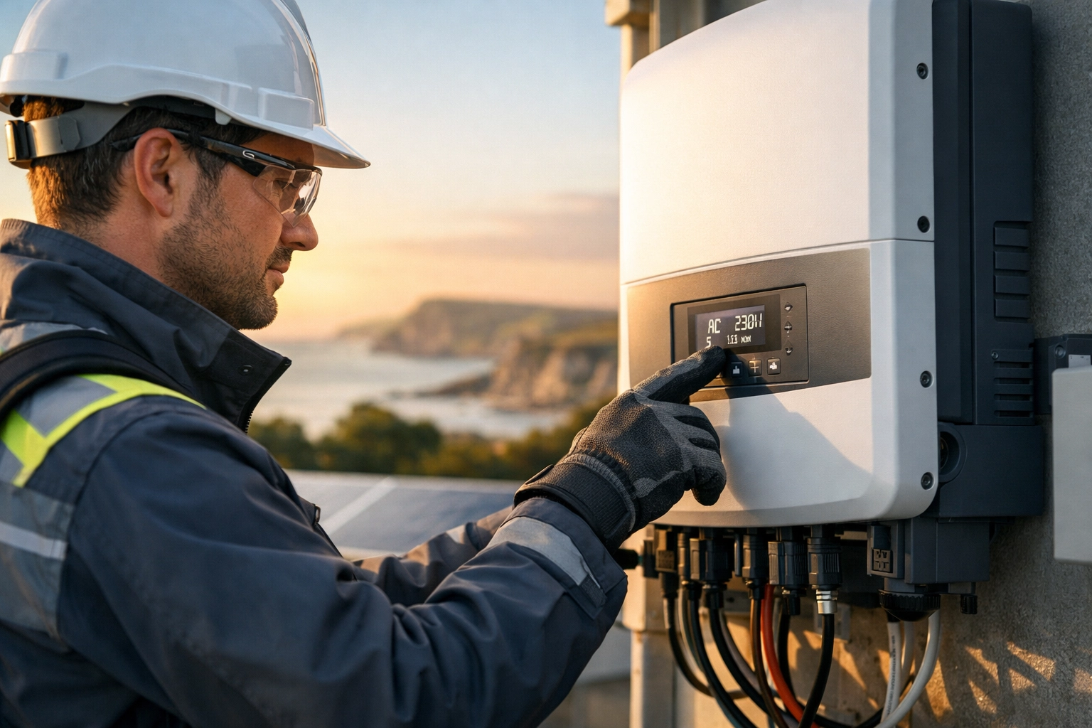 Professional solar technician performing maintenance on a commercial inverter in Dorset.