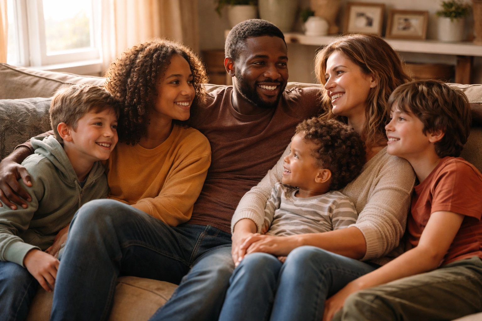 Blended family relaxing together on a sofa, representing estate planning for families with stepchildren and spouses.