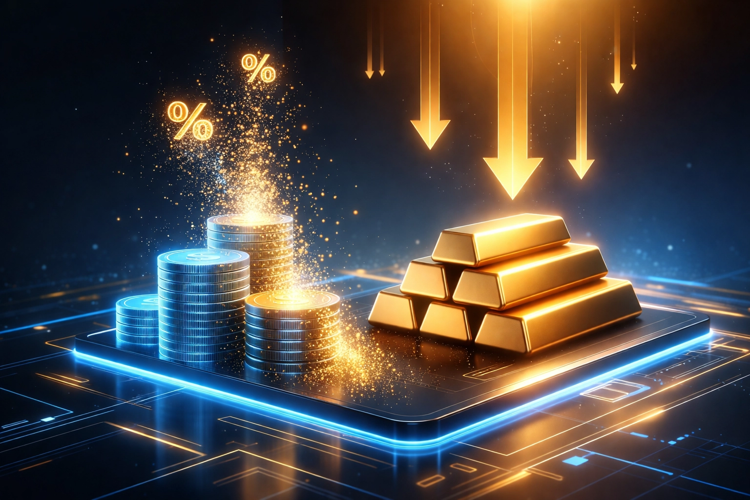 Glowing coins turning into gold bars symbolize lower payment fees with Larecoin blockchain payments.