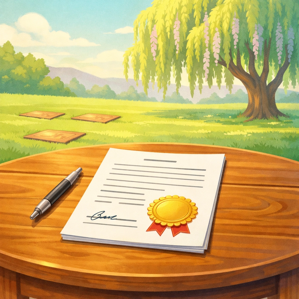 Notarized legal documents for a secure cemetery plot resale in a peaceful memorial park setting.