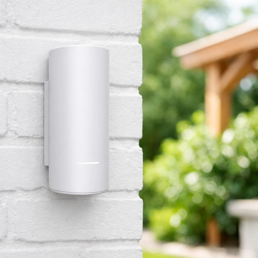 A professional outdoor WiFi access point mounted on a wall to provide high-speed internet in a garden.
