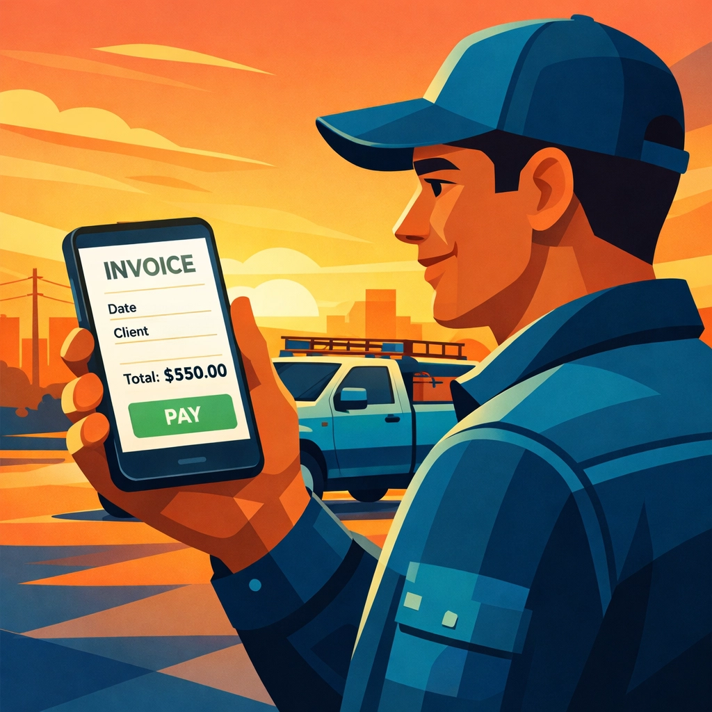 Contractor using mobile invoicing software on smartphone in work truck
