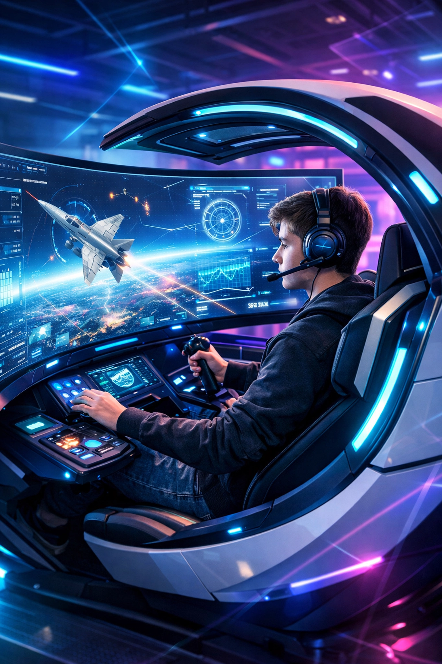 High school student using a futuristic EsportsPod simulation pod for aerospace and workforce training.