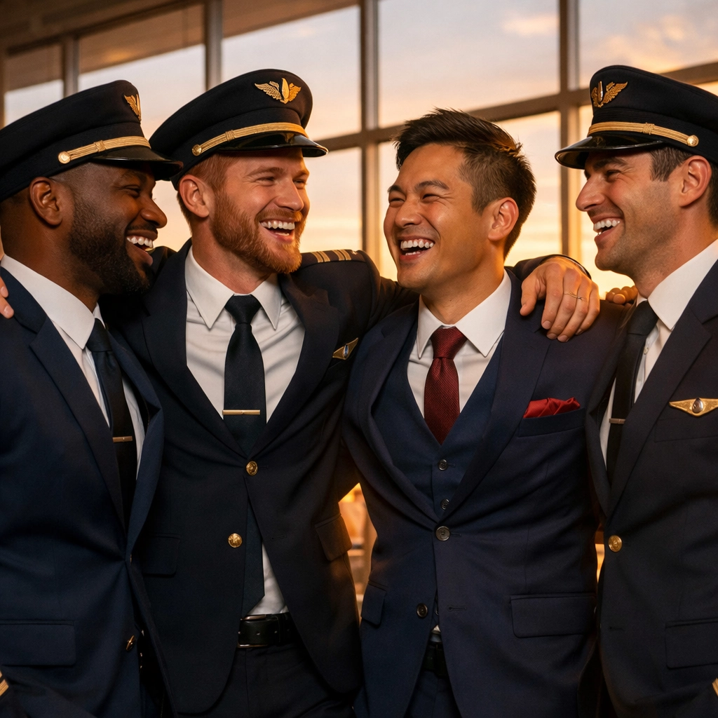 LGBTQ+ airline crew members embrace in solidarity at airport terminal after coming out