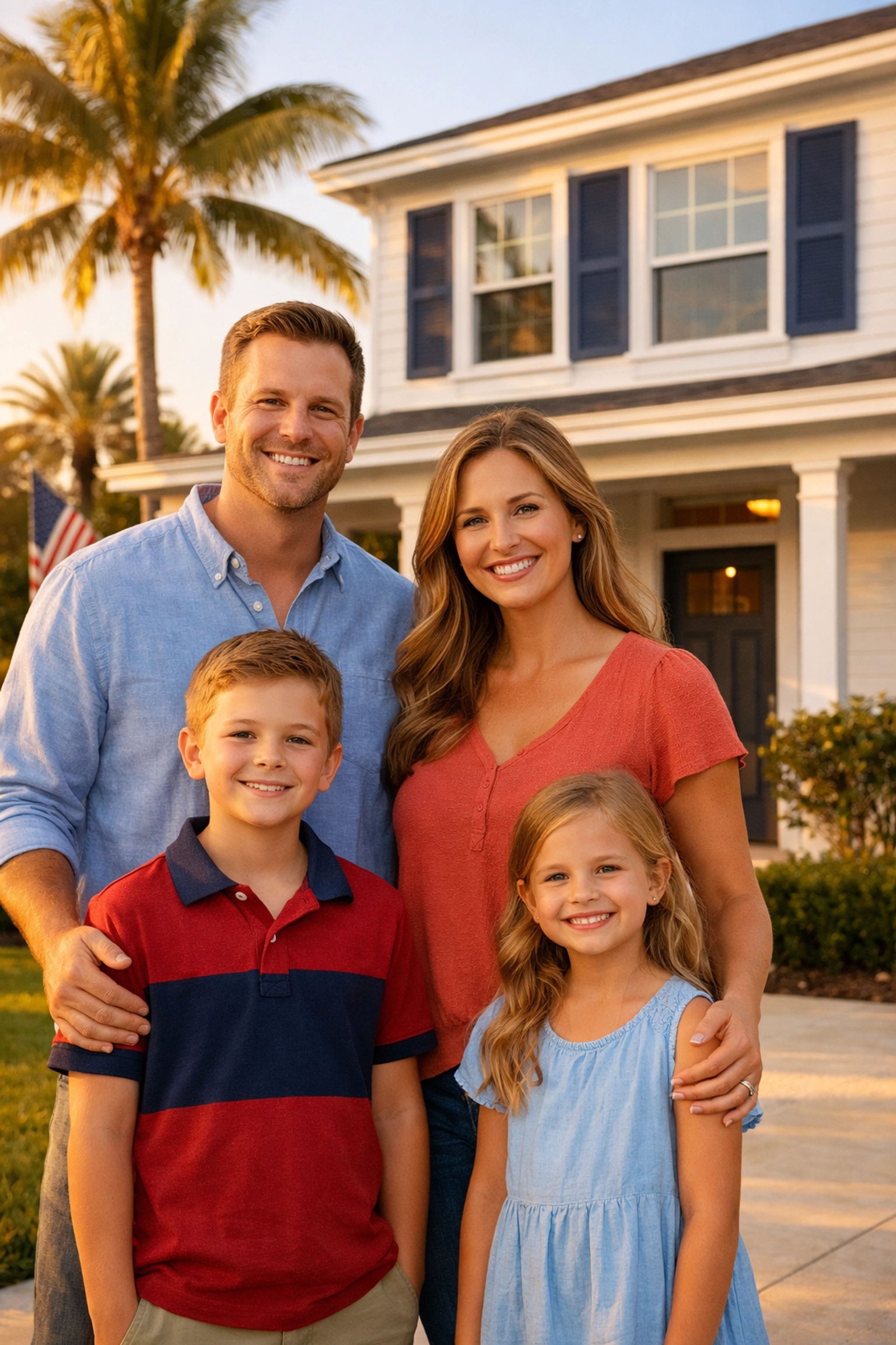 Bay Area Texas family standing in front of their Clear Lake home after credit improvement