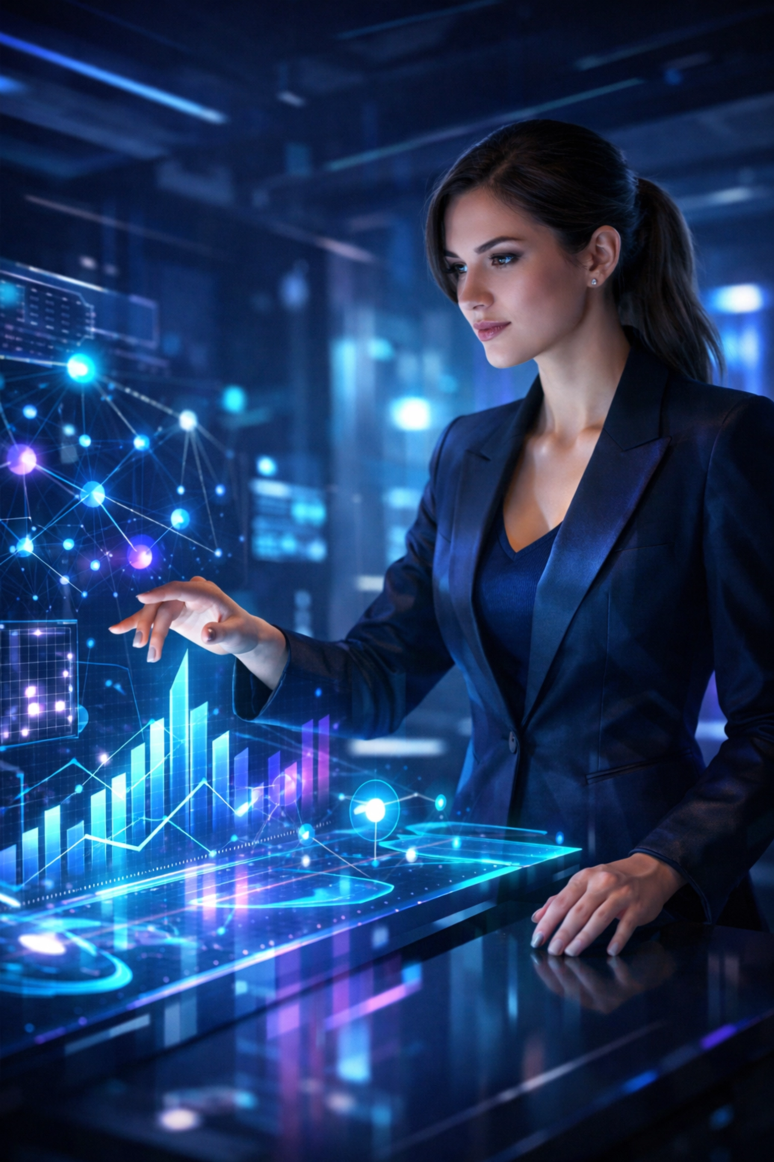 Professional analyzing candidate performance metrics on a holographic dashboard for talent acquisition.