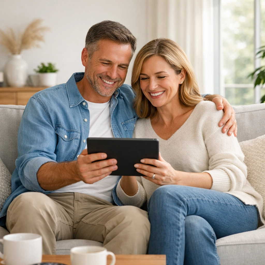 Happy couple using a tablet to manage their Canadian personal loans with peace of mind.