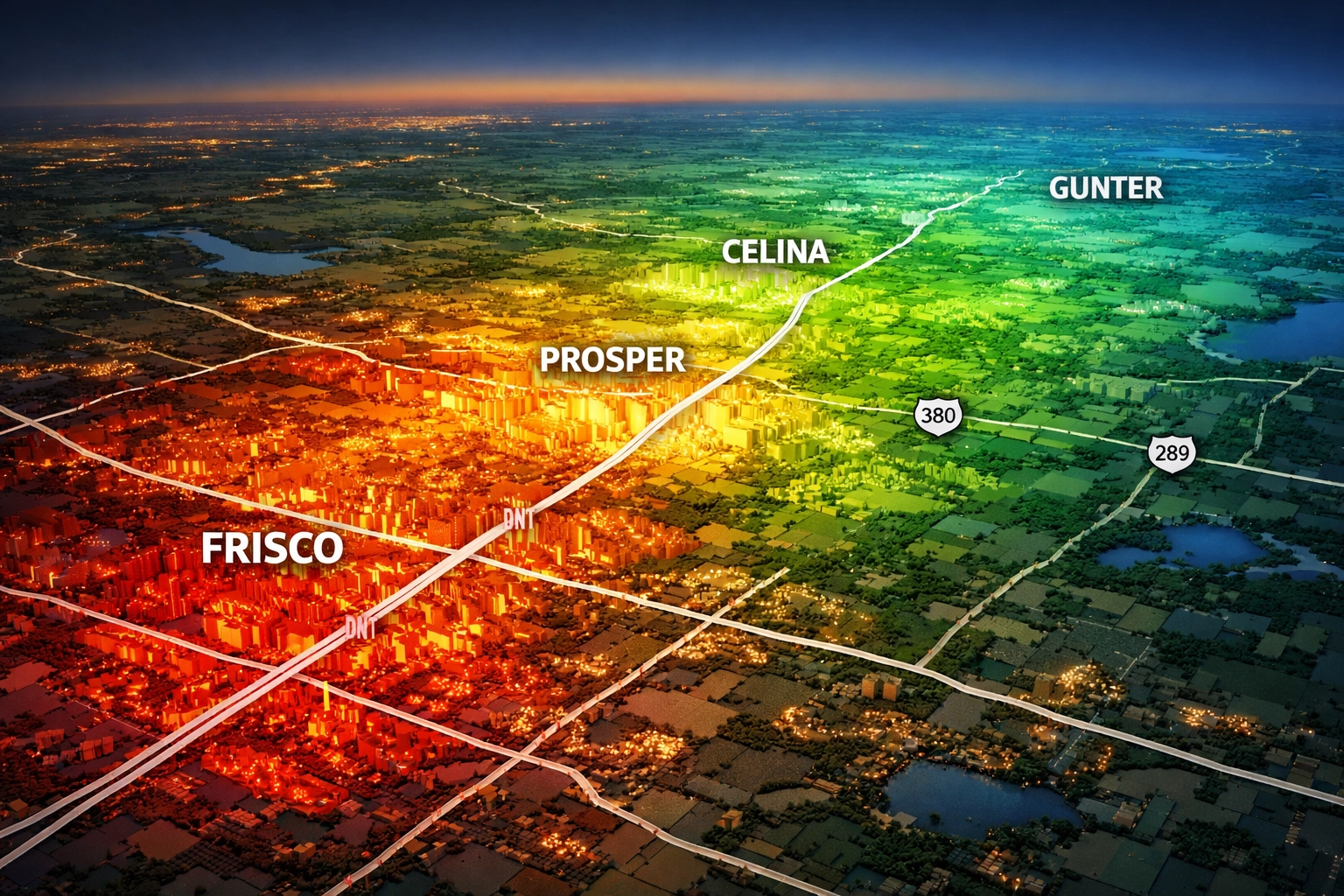 Map showing northward development expansion from Frisco through Prosper, Celina, and Gunter