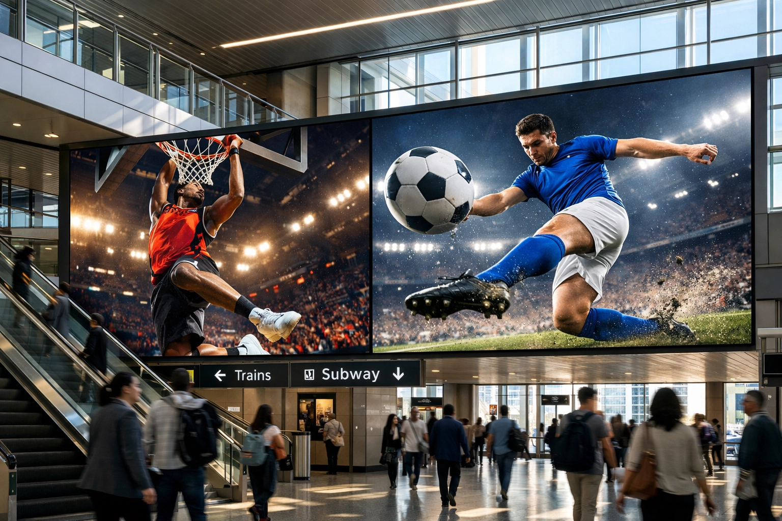 Multiple digital screens in a transit hub showcasing real-time programmatic sports advertising.