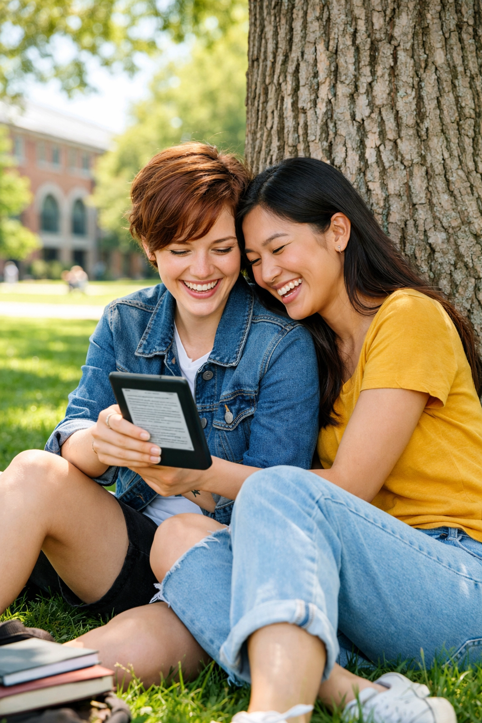 Two lesbian students reading LGBTQ+ fiction and ebooks together on a university campus lawn.