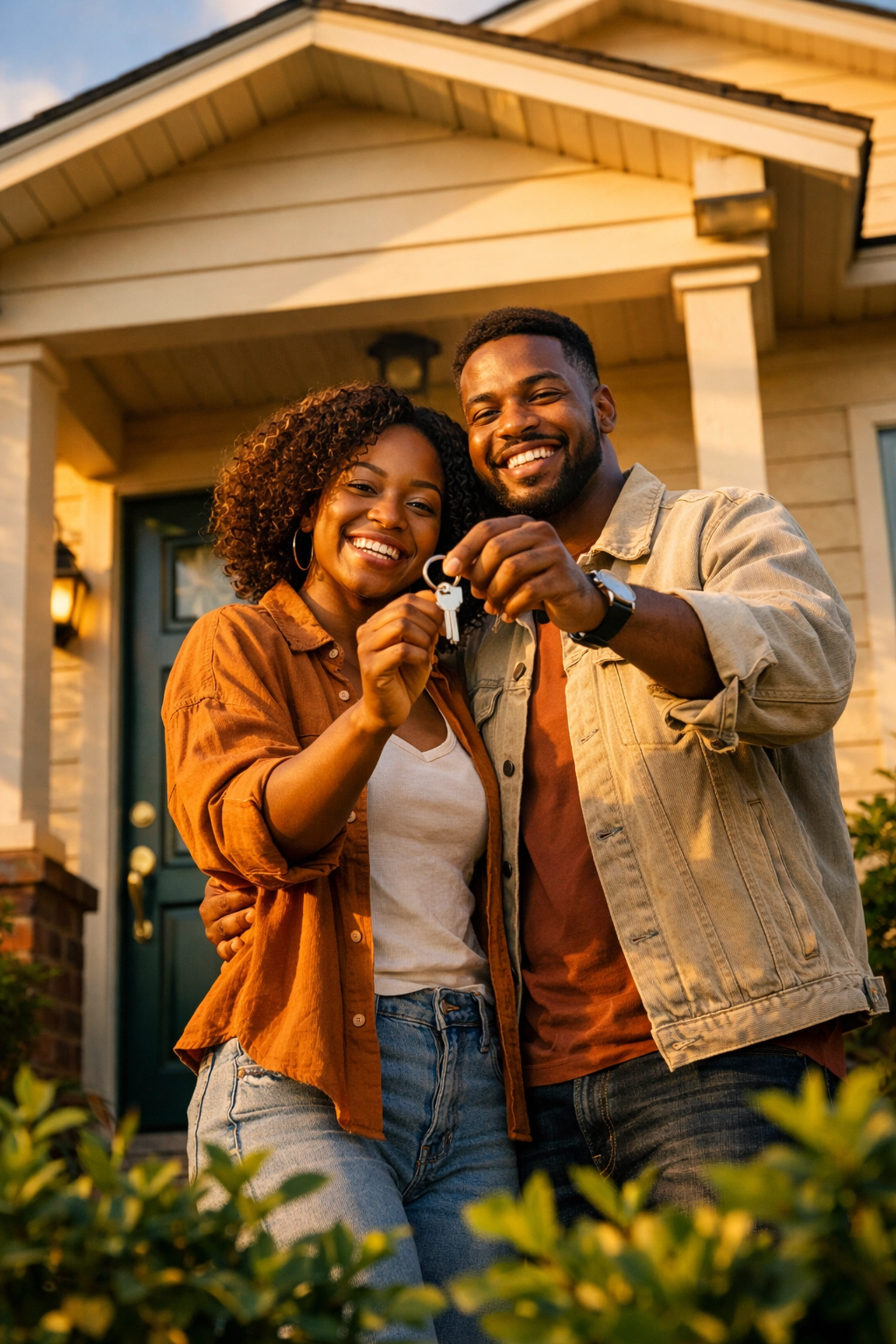 Happy first-time homebuyers holding keys to their new home celebrating tax benefits