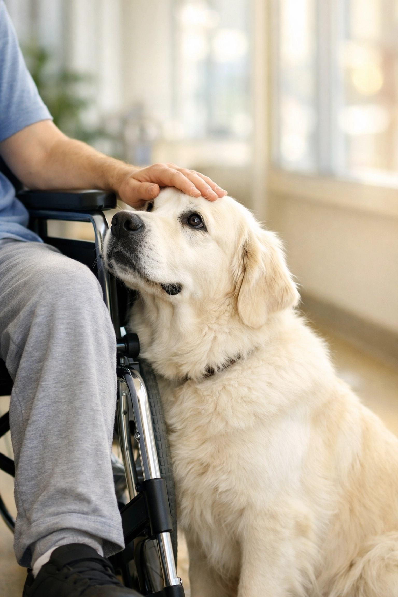 Therapy dog Golden Retriever providing comfort to person in wheelchair