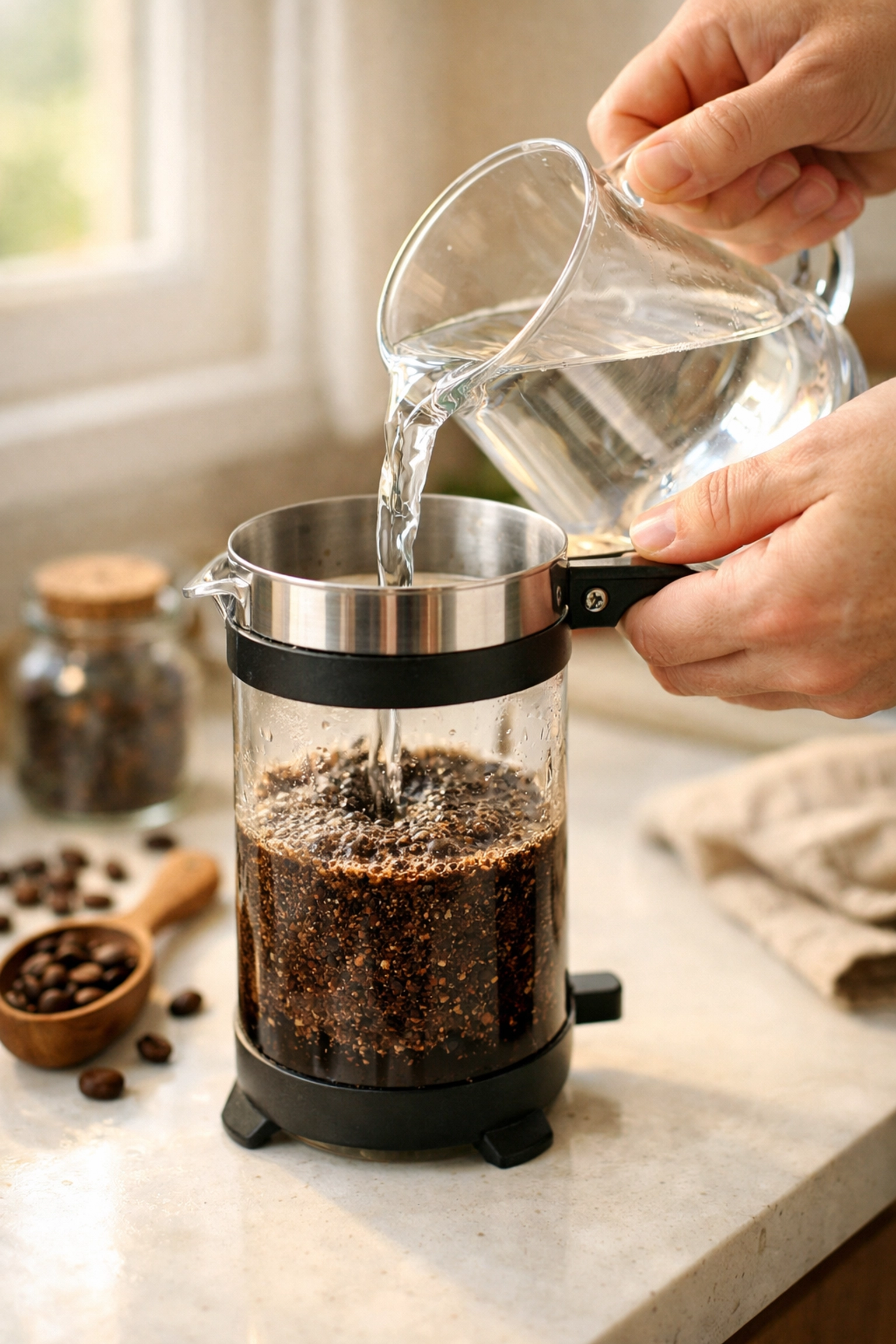 Pouring cold water into French press with coffee grounds to make cold brew at home