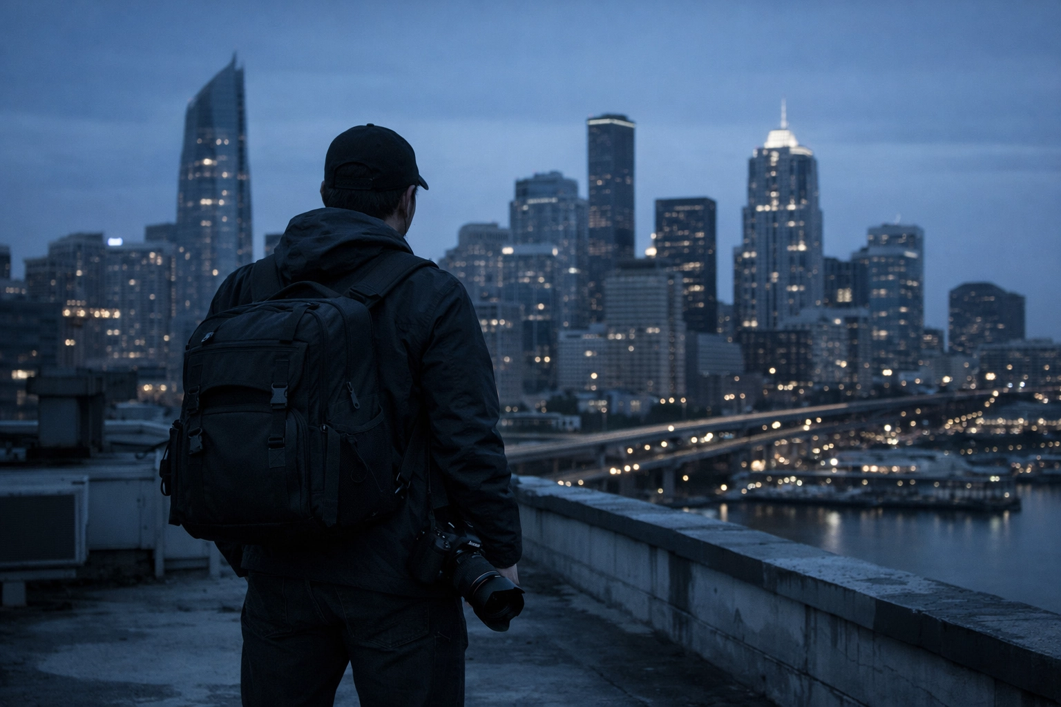Professional photographer on an urban rooftop representing career growth in photography.