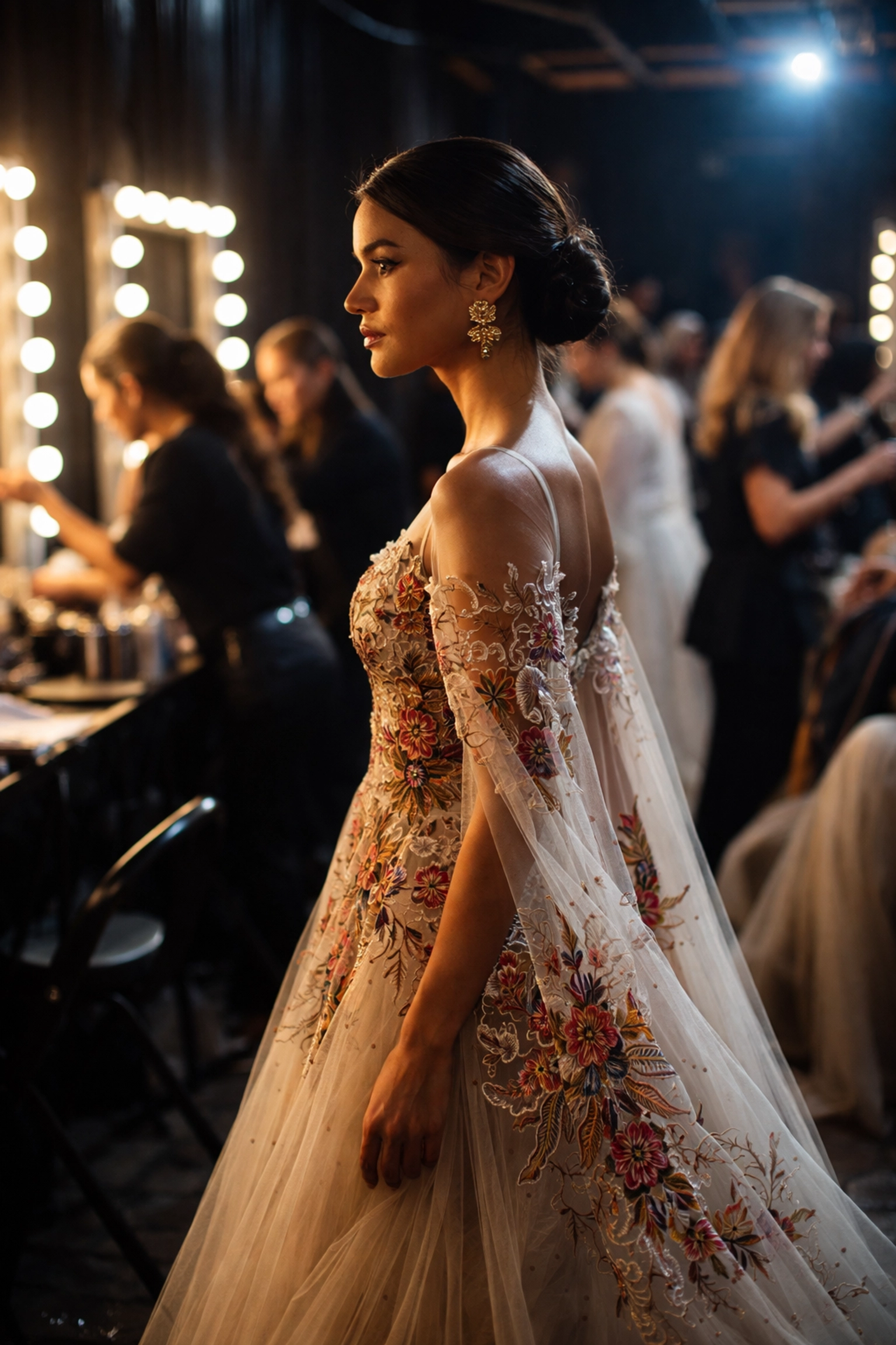 Backstage scene of a Latino model in an embroidered gown preparing for a U.S. fashion runway