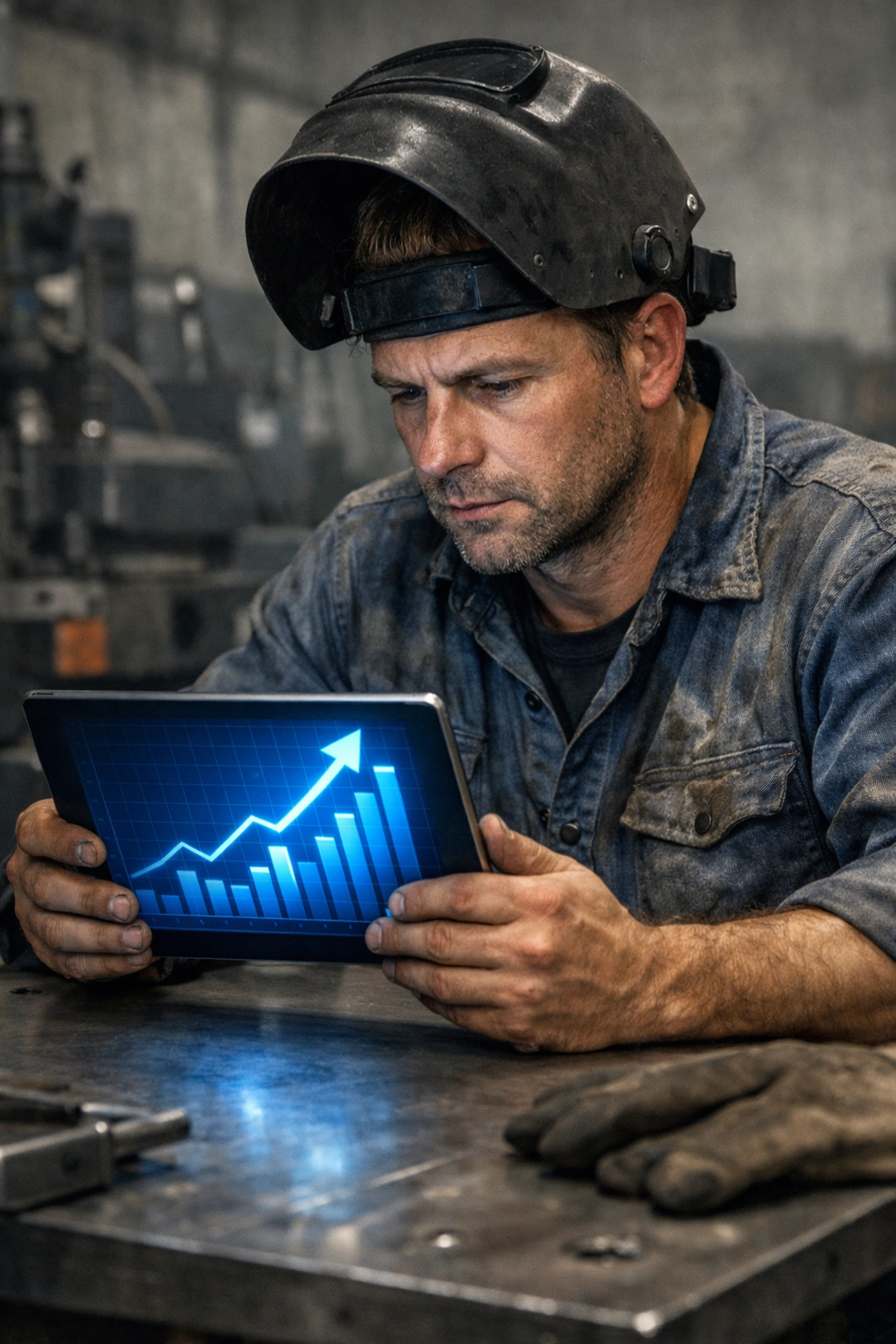 Blue-collar worker reviewing a financial growth chart to scale income using the Infinite Banking Strategy.