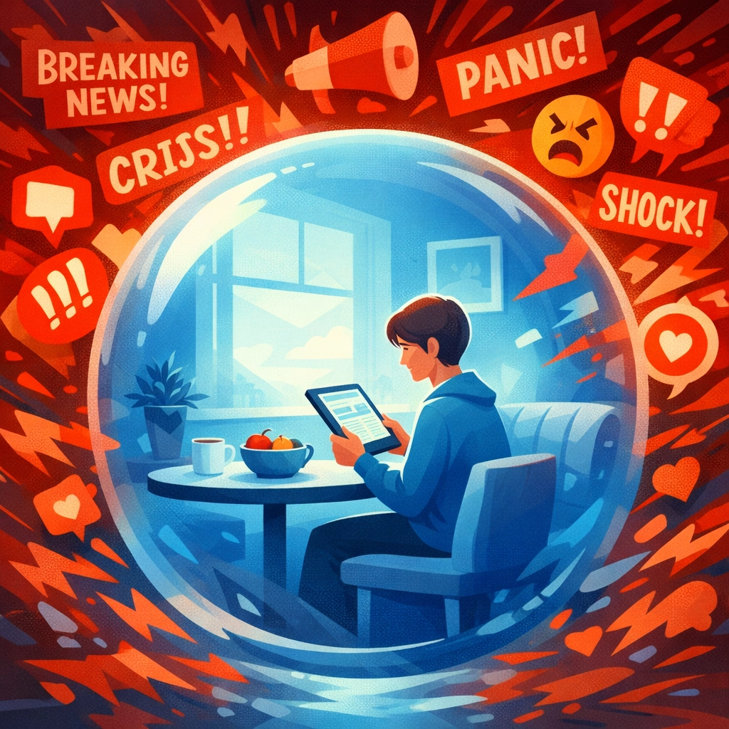 Person reading news calmly in protective bubble while chaotic headlines swirl outside