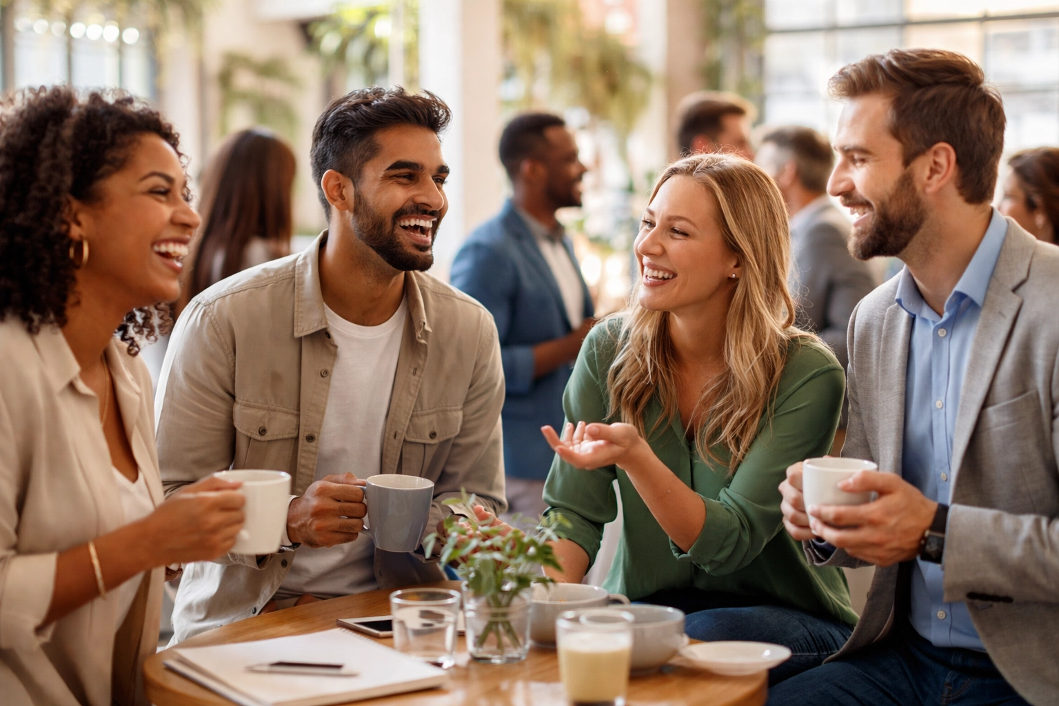 Entrepreneurs connect at a bright networking event, illustrating support systems for solo founders.