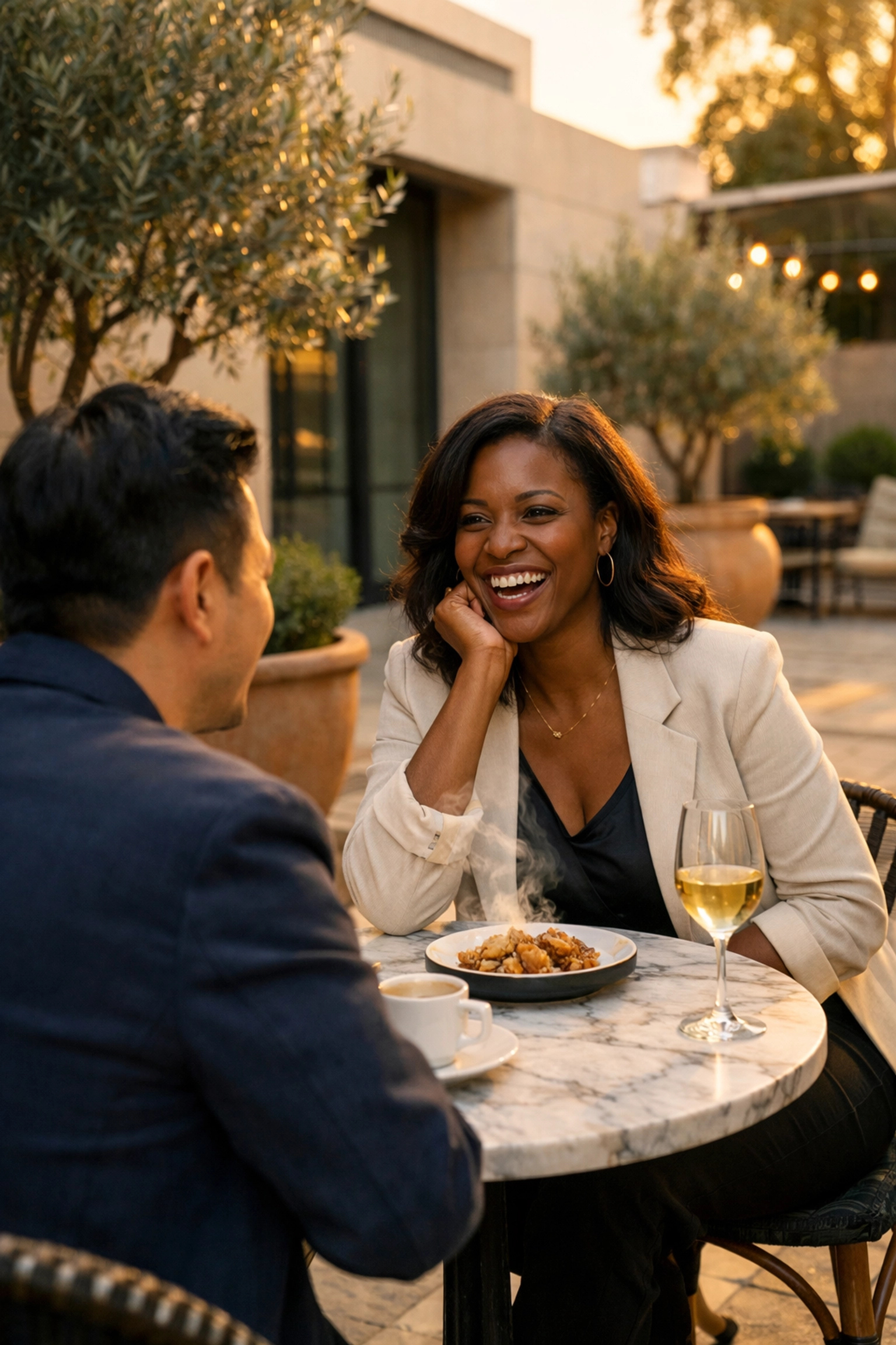 A woman enjoying an upscale dining experience in a modern Walnut Creek retail courtyard at golden hour.