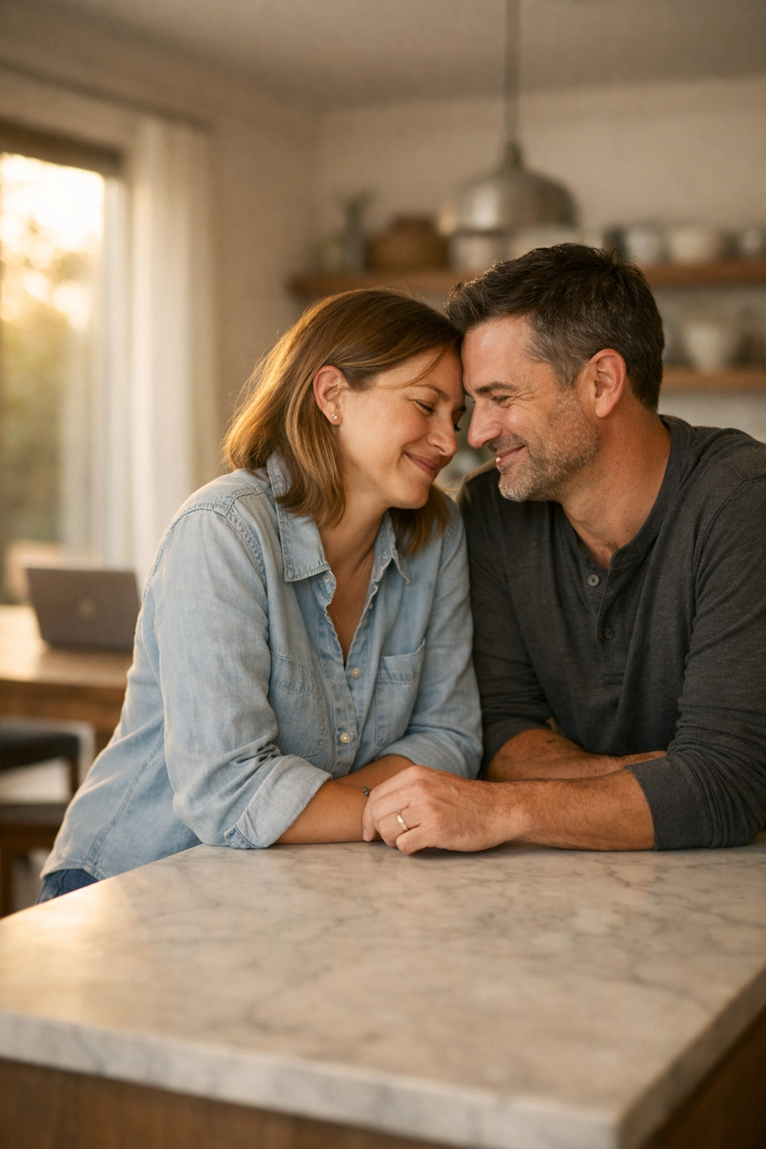 Running a business with your spouse: a relaxed business couple enjoying a moment of connection in a kitchen after aligning their partnership goals.